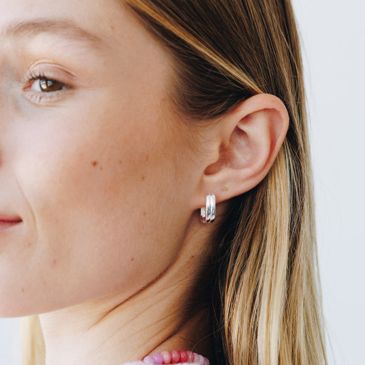 Double Stacked Silver Statement Huggie Earrings
