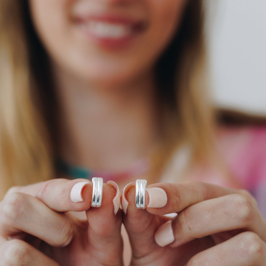 Double Stacked Silver Statement Huggie Earrings