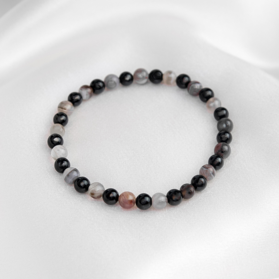Black Tourmaline, Botswana Agate Mens Stone Bracelet