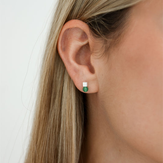 Cube Malachite Stone Studs, Silver - Robyn Real Jewels