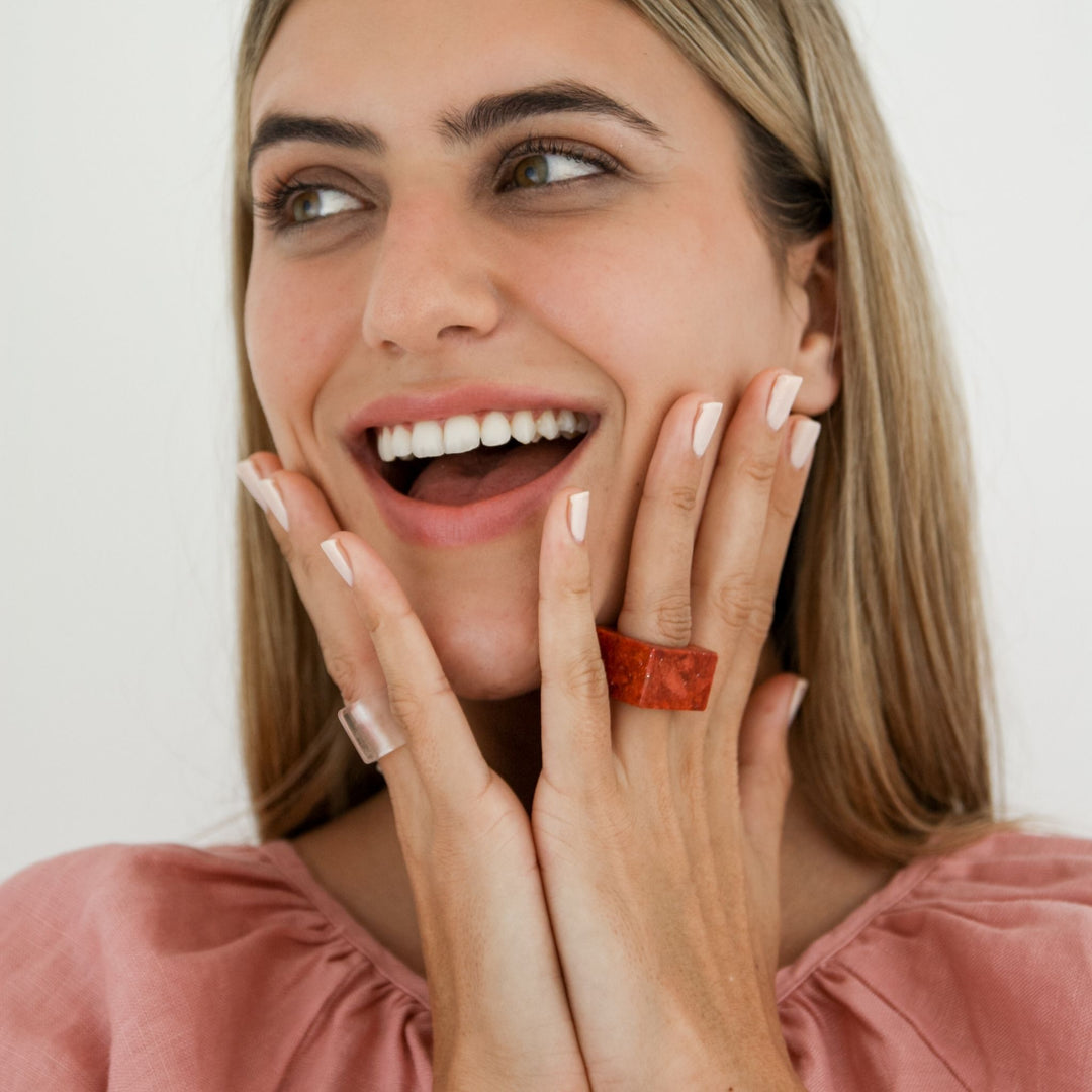 Red Coral Square Stone Ring - Robyn Real Jewels