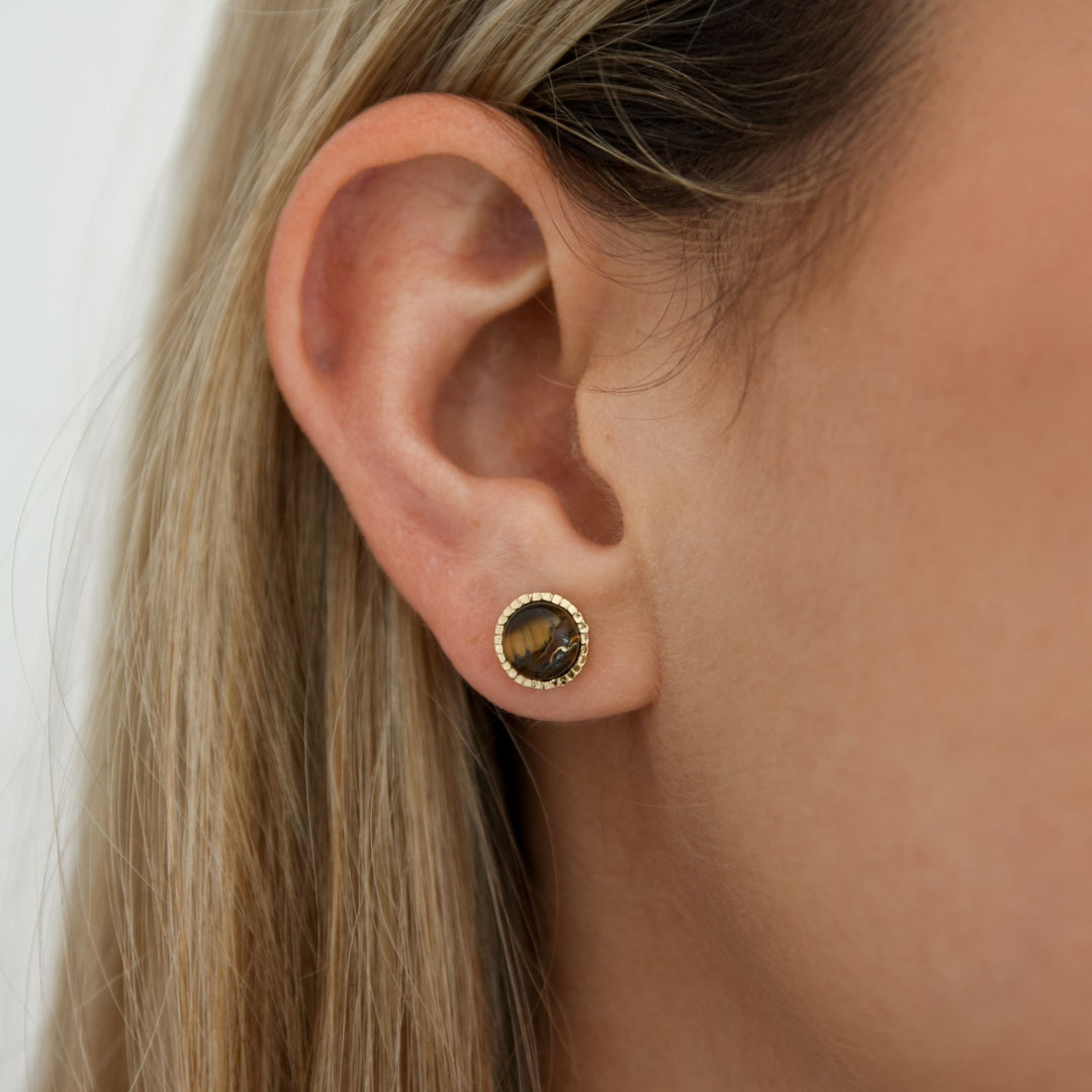 Tiger Eye Stone Hammered Stud Earrings, Gold Plated