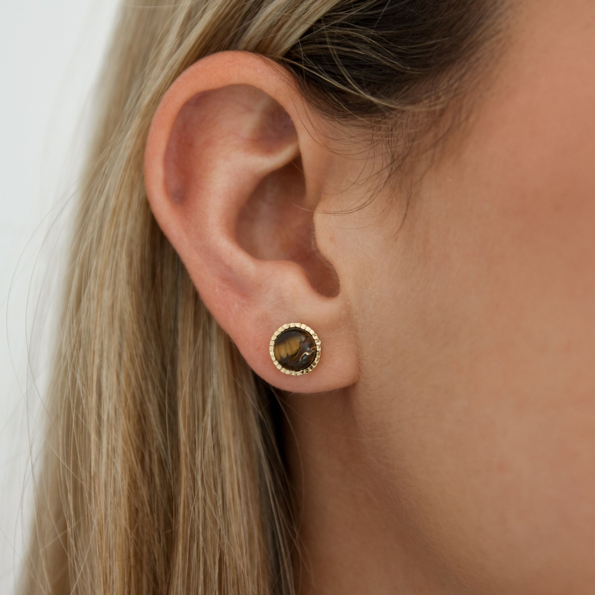 Tiger Eye Stone Hammered Stud Earrings, Gold Plated