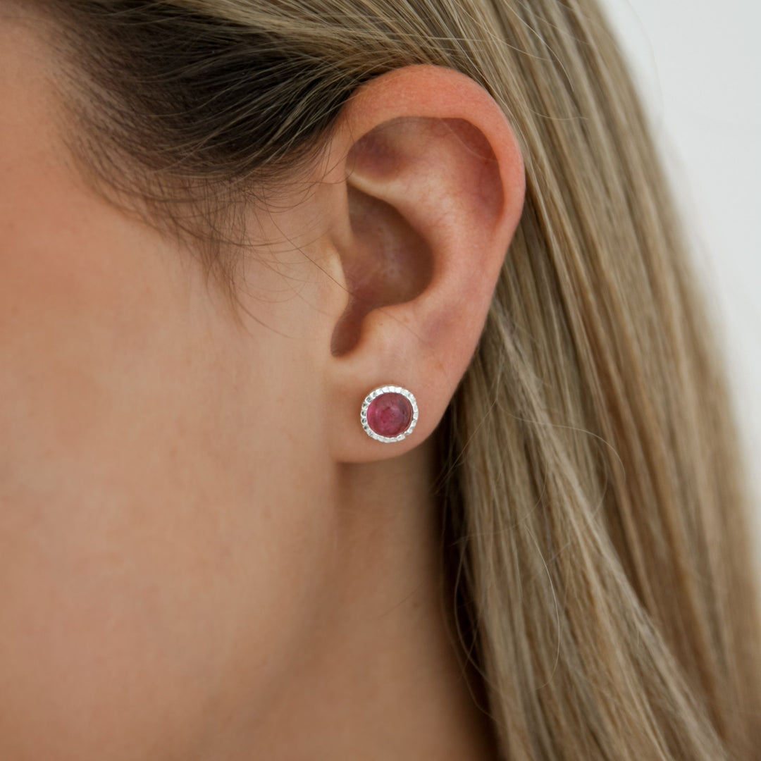 Ruby Stone Hammered Stud Earrings, Silver