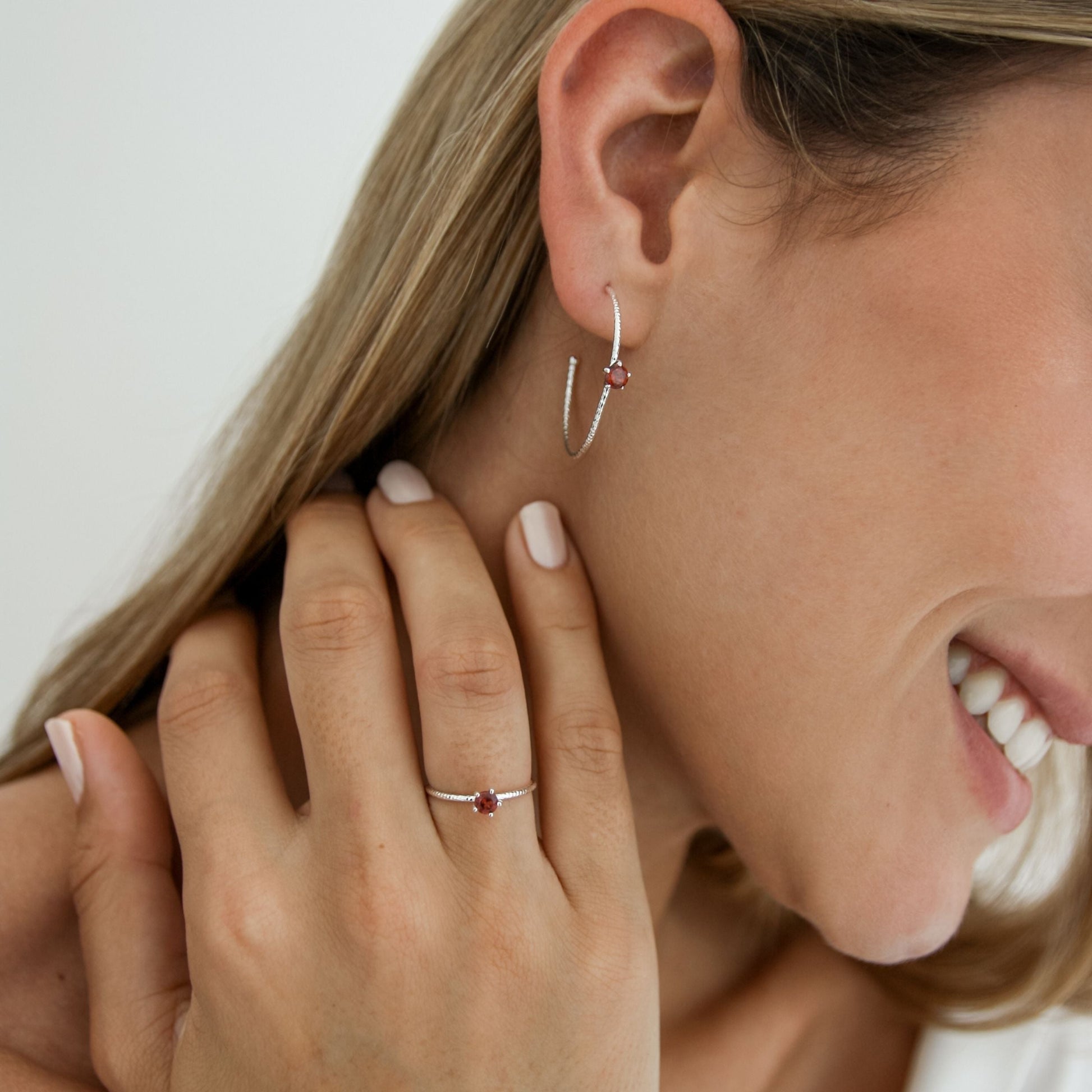 Garnet Stone Hoops, Silver - Robyn Real Jewels