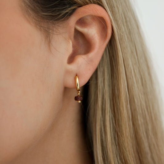 Garnet Hoop Stud, Gold Plated 