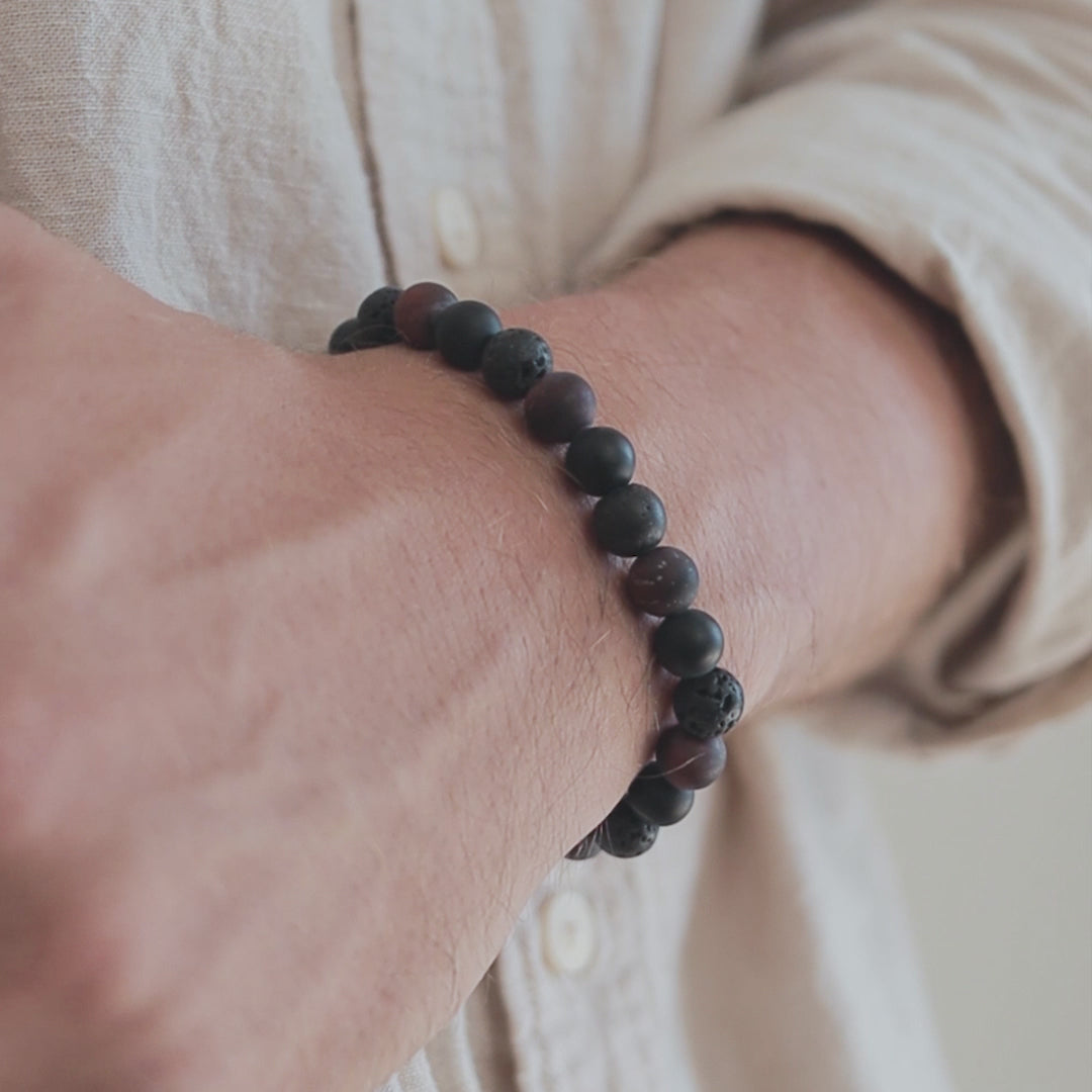 Black Onyx, Lava Stone, and Red Tiger Eye Men's Bracelet 
