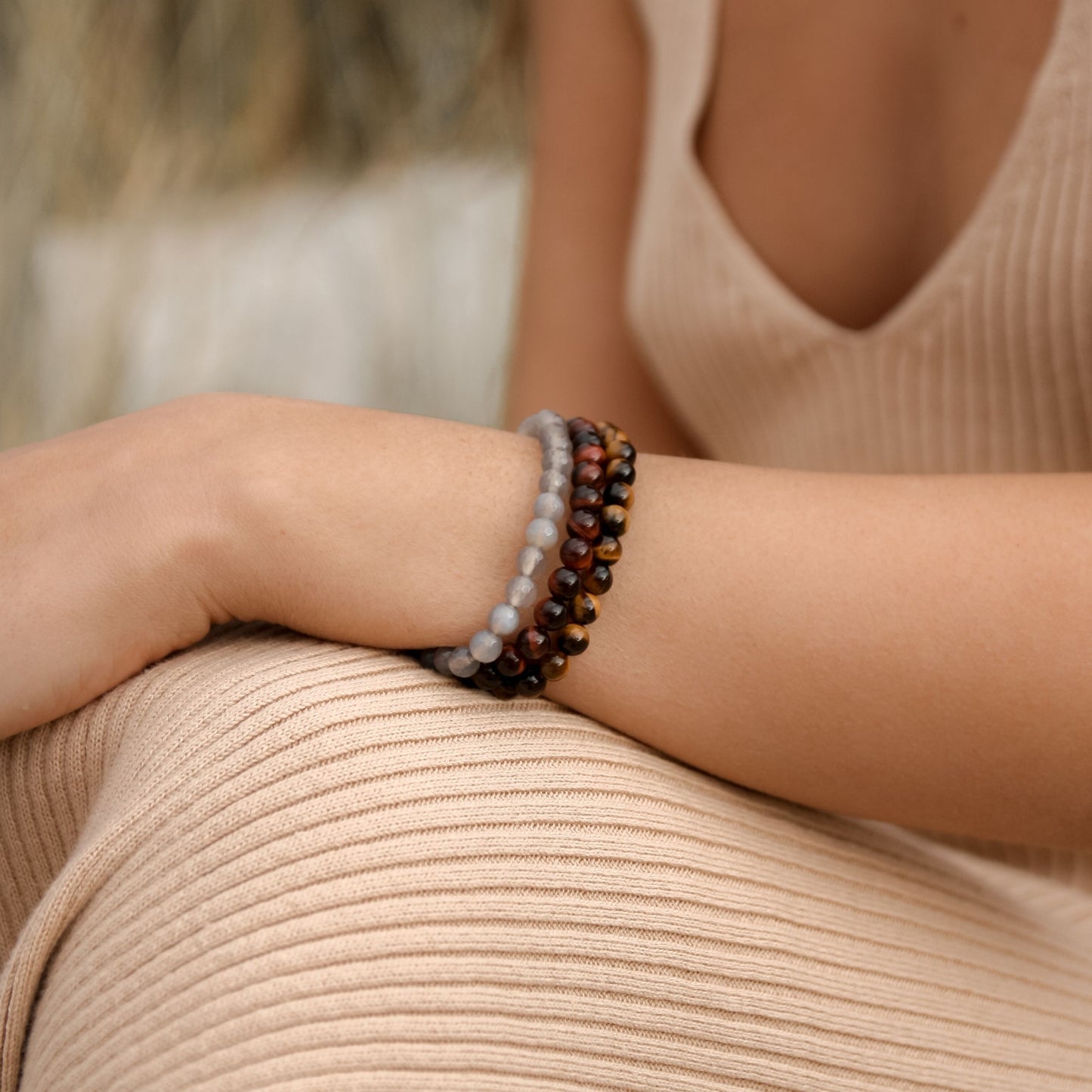 Red Tiger Eye "Safari" Bracelet model hand stacked