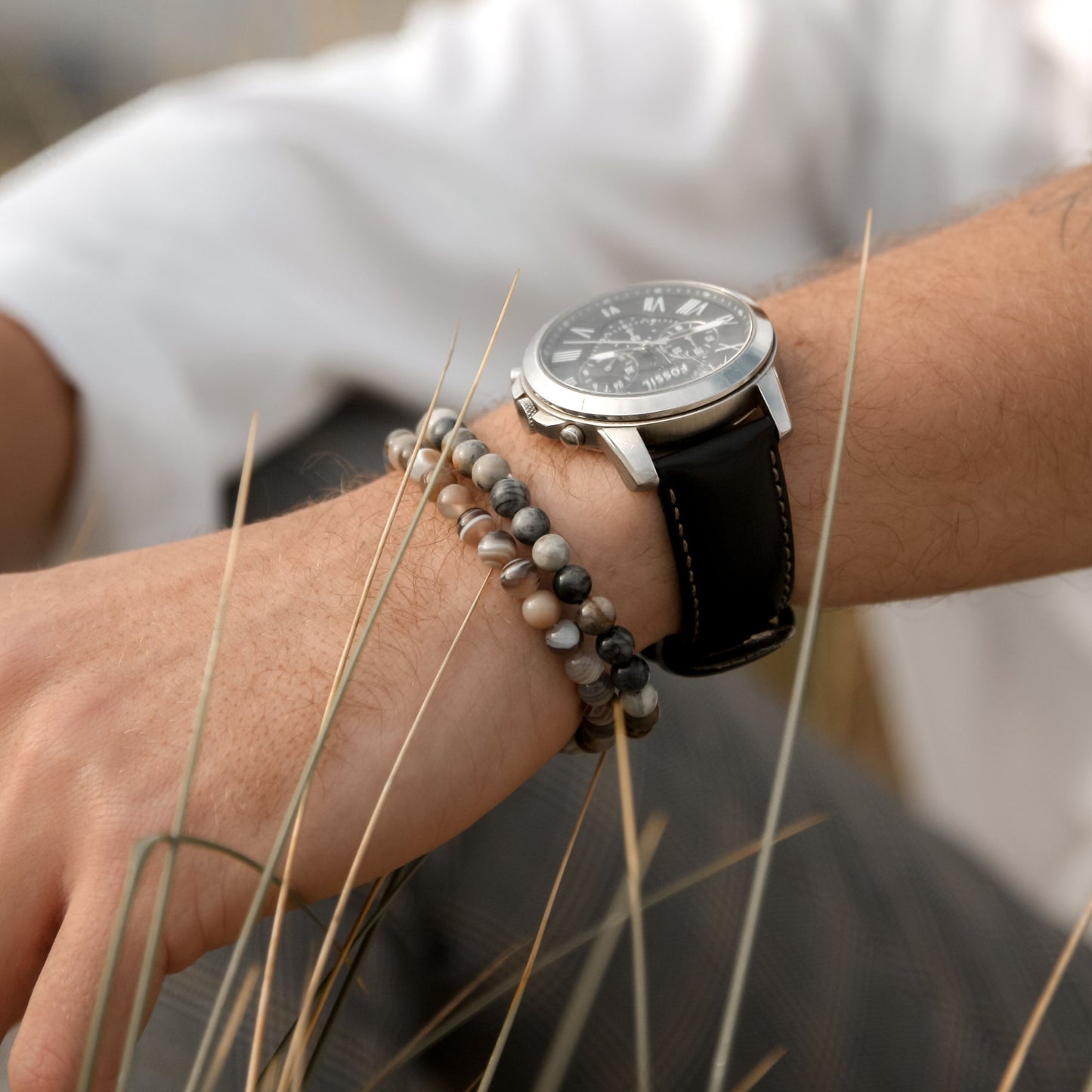 Picasso Jasper Stone Men's Bracelet model image stacked