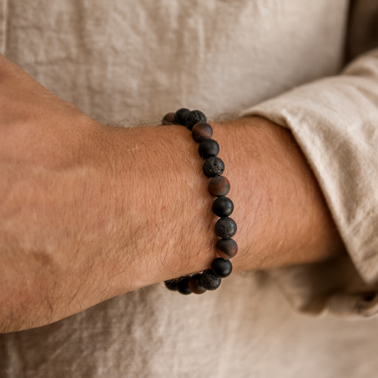 Black Onyx, Lava Stone, and Red Tiger Eye Men's Bracelet