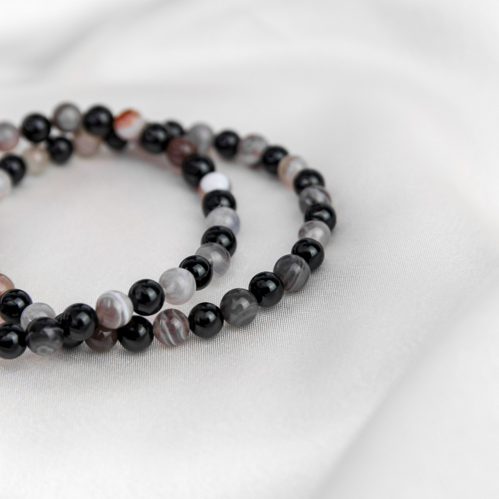 Black Tourmaline, Botswana Agate Mens Stone Bracelet