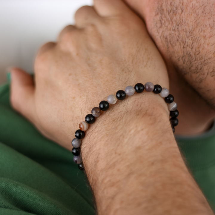 Black Tourmaline, Botswana Agate Mens Stone Bracelet